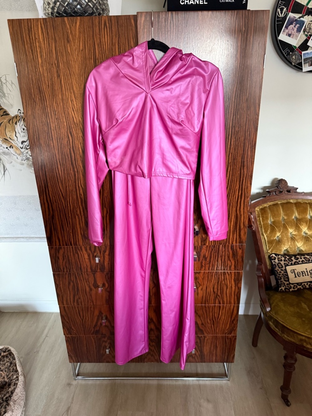 Women’s Pink Faux Leather Jumpsuit with Hood